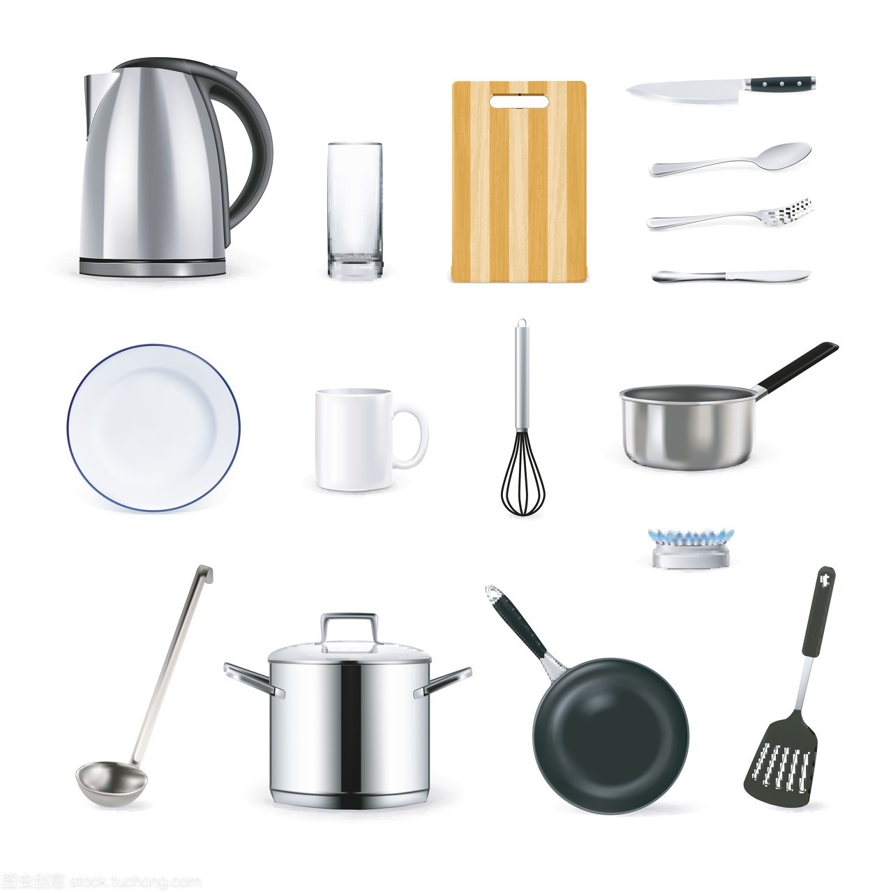 现实厨具图标集。现实厨房用具的图标,以杯盘勺和茶壶孤立的矢量插图