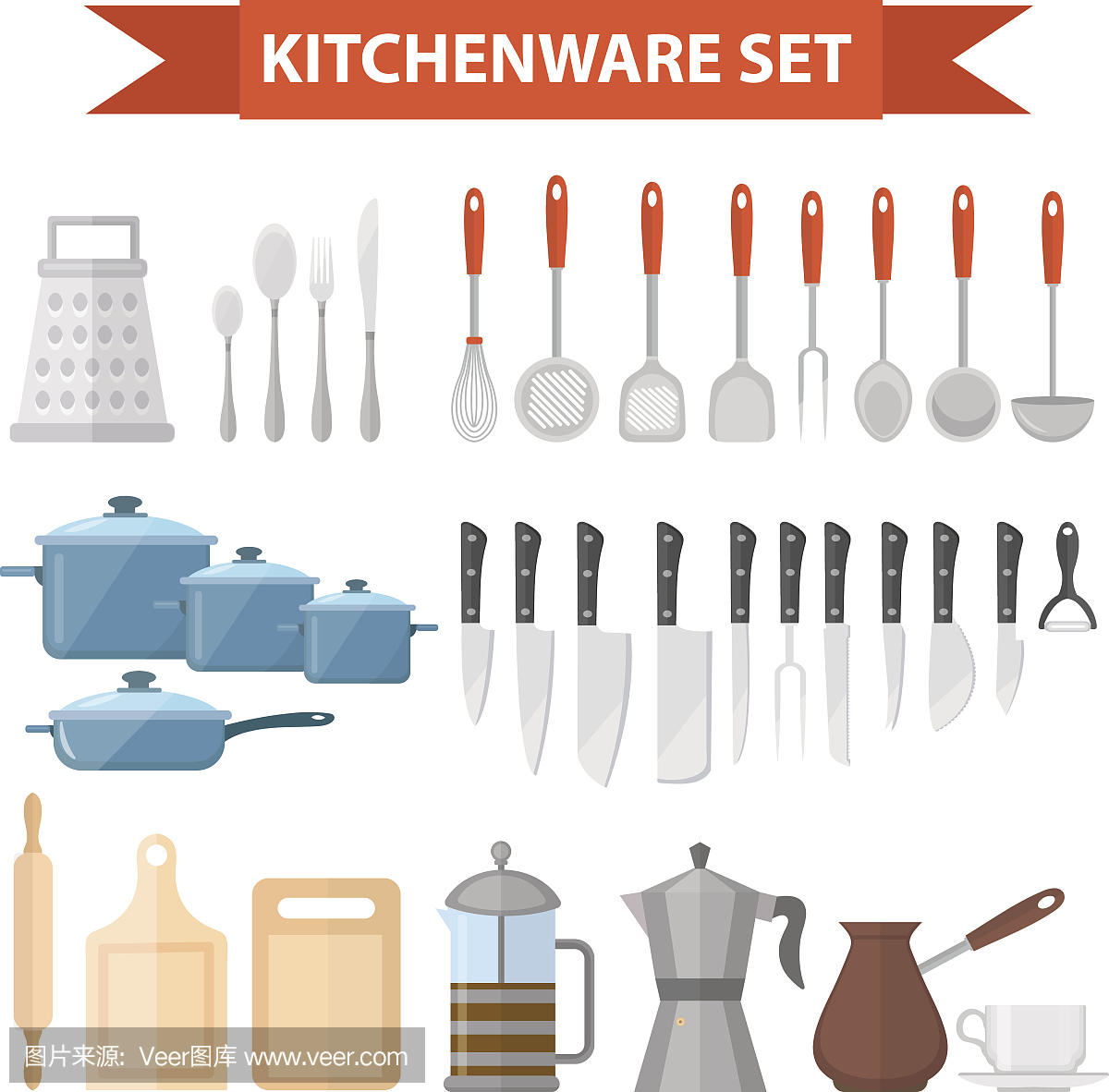 炊具设置图标,平面风格。厨房用具单独设置在白色背景上。烹饪工具及厨具设备。矢量图